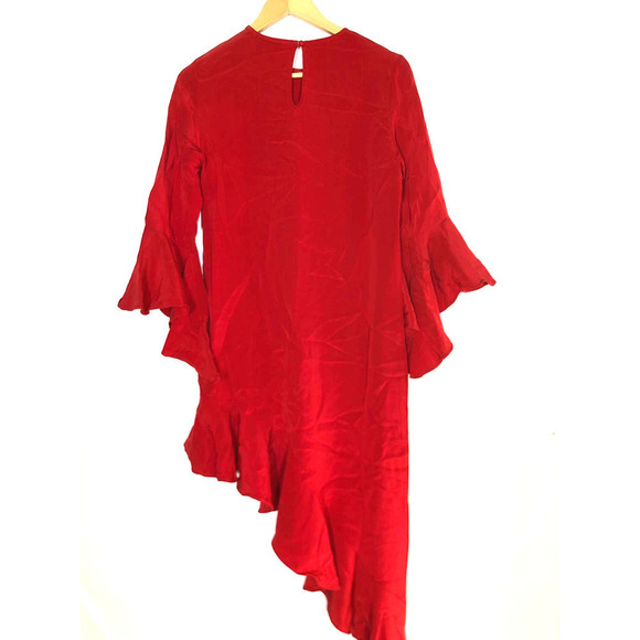 Alexis Hazel Asymmetric Dress Ruffle Trim Bell Sleeve Red M - Picture 5 of 12